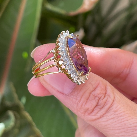 14KT gold electroplated ESPO purple pink stone halo vintage ring - Picture 3 of 10